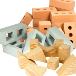 Role Play Foam House Bricks Breeze Blocks and Wooden Effect Building Blocks Bundle 77 Pack
